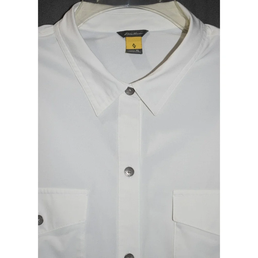 Eddie Bauer XL Women Departure Shirt Ivory Roll Tab Sleeve Button Up Stretch - Picture 12 of 16